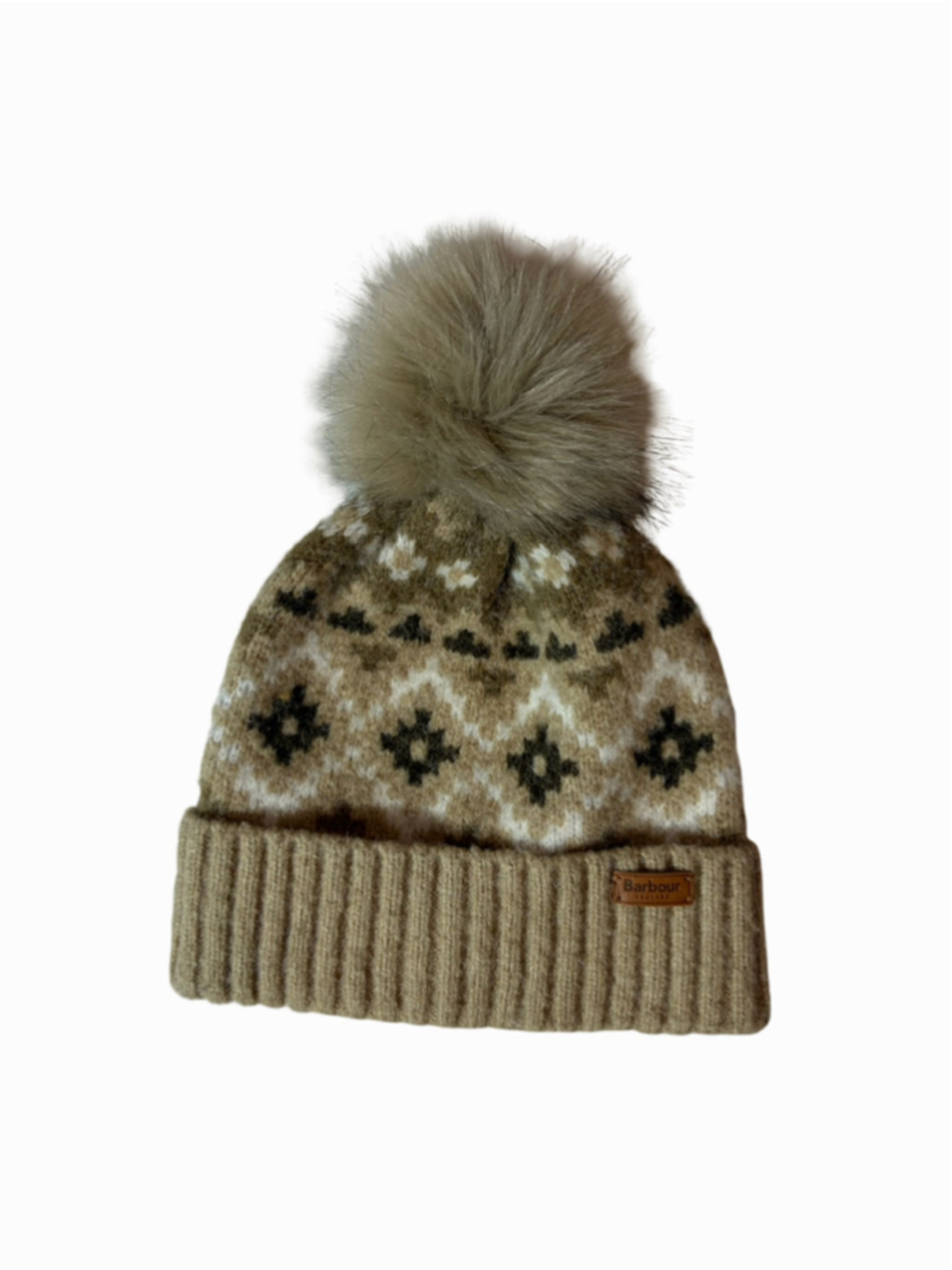 Barbour Alpine Fair Isle Faux Fur Pom Beanie Hat Taupe Nordic Winter